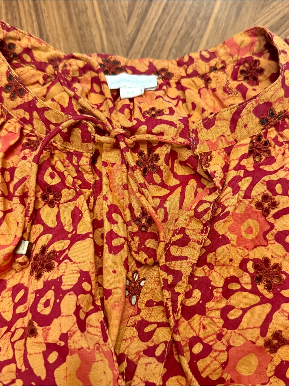 Floral Tie-Neck Blouse in Warm Coral and Red